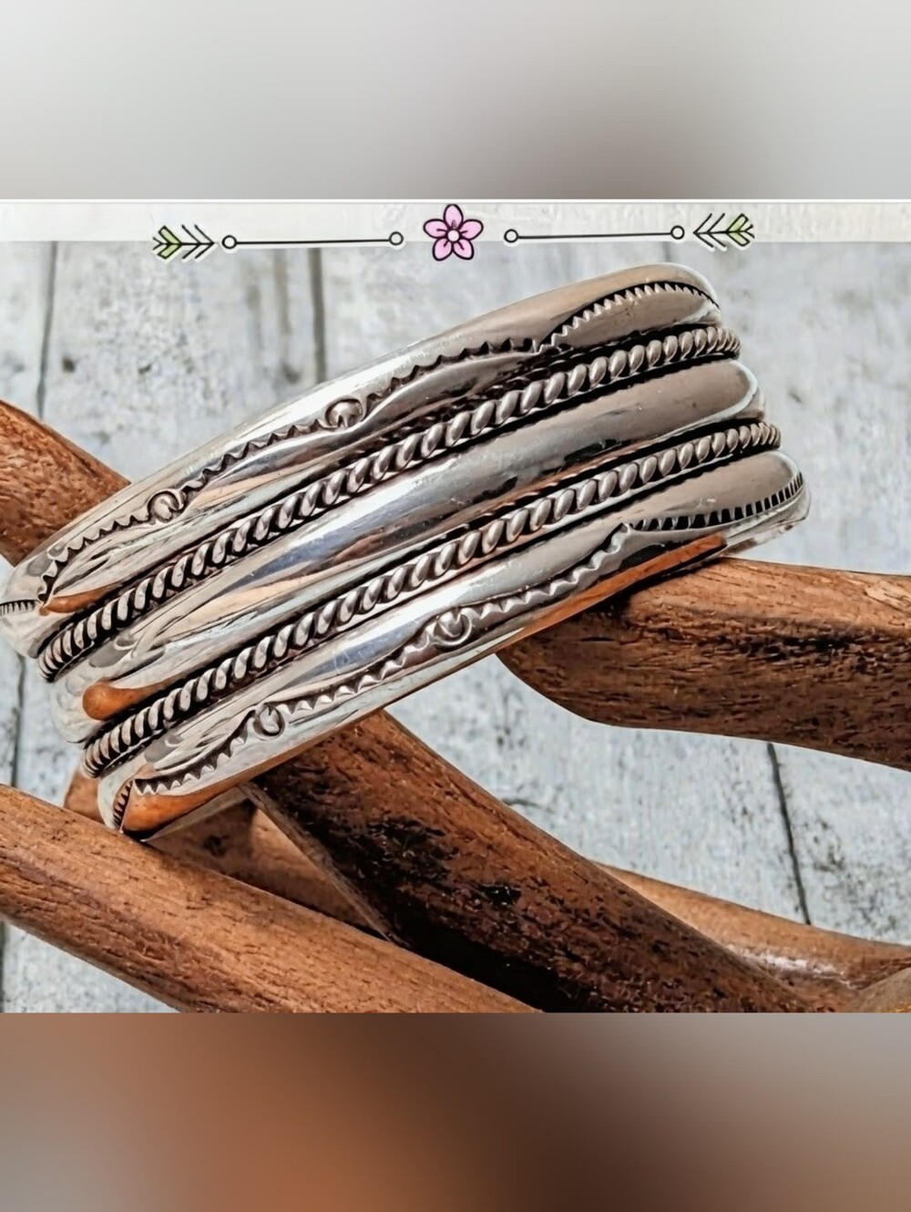 Vintage TAHE Navajo Sterling Silver Wide Stamped Banded Cuff Bracelet